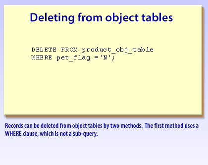1) Records can be deleted from object tables by two methods. The first method uses a WHERE clause, which is not a sub-query.