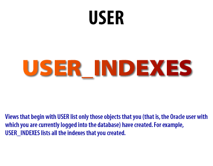 1)Views that begin with USER list only those objects that you have created. 
For example, USER_INDEXES lists all the indexes that you created.