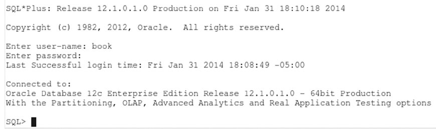 SQL*Plus screen after a successful connection using the username/password at the command line