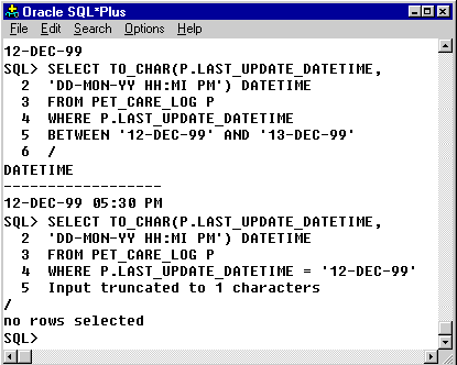 3) We have modified the query to look for LAST_UPDATE_DATETIME equal to December 12. Since the literal date has the default time of midnight, and the time in the December 12 row is 5:30 PM, no rows satisfy the query.