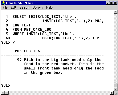 5) You can use an INSTR function to set the starting position of another INSTR function. In this example, we have replaced the starting position (20) with an INSTR function that looks for period (.). In effect, we are setting the starting position at the end fo the first sentence in the text.