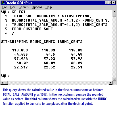 2) This query shows the calculated value in the first column (same as before: TOTAL_SALE_AMOUNT plus 10%). In the next column, you see the round value as before.