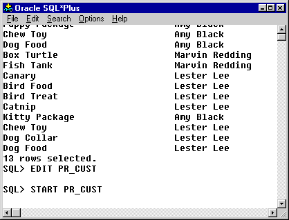 7) Now that you have returned to SQL*PLUS, execute the SQL*Plus environment commands and the query using the START command.