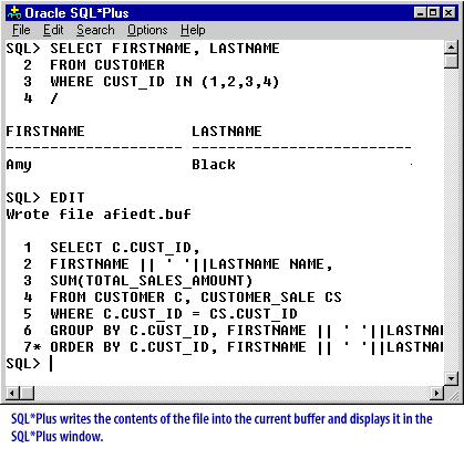 6) SQL*Plus writes the contents of the file into the current buffer and displays it in the SQL* Plus window