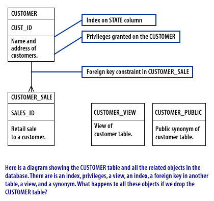 Here is a diagram showing the CUSTOMER table and all the related objects in the database