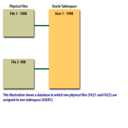This illustration shows a database in which two physical files (FILE1 and FILE2) are assigned to one tablespace (USER1).
