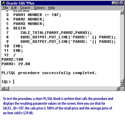 6) To test the procedure, a short PL/SQL block is written that calls the procedure and displays the resulting parameter values on the screen