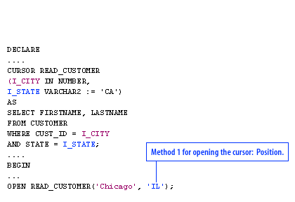 Continuing with the example, this screen shows you how to open the cursor while specifying values for the parameters.