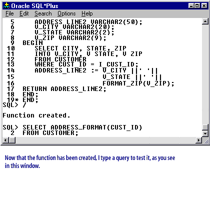 Now that the function has been created I type a query to test it, as you see in this window