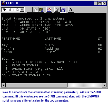 4) Demonstrate the second method of sending parameters, I will use the START command. In this window, you see the START command, along with the CUSTOMER script name and different values for the two parameters.