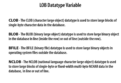 5) LOB large objects datatype holds a value, called locator, that specifies the location of a large object.