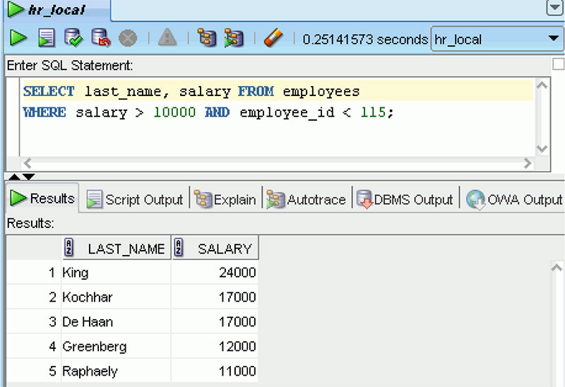 SQL Worksheet consisting of 1) Enter SQL Statement 2) Results 3) Script Output 4) Explain 5) Autotrace