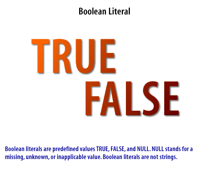 4) Boolean literals are predefined values TRUE, FALSE, and NULL. NULL stands for a missing, unknown, or inapplicable value. Boolean literals are not strings.