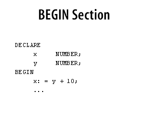 2) BEGIN signals the start of the execution section of a PL/SQL block. A block must contain at least one executable statement.