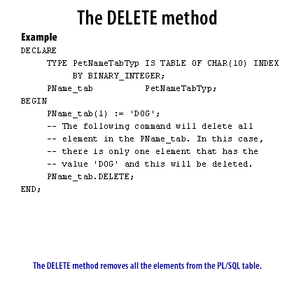 9) The DELETE method removes all the elements from the PL/SQL table.