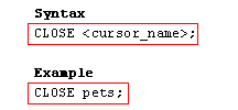 Syntax and example for closing a cursor