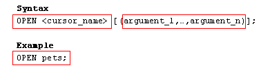 Syntax and example of opening a cursor