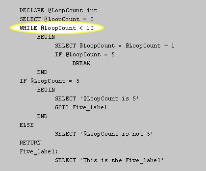 The WHILE loop is set up to be active as long as the @LoopCount variable is less than 10.