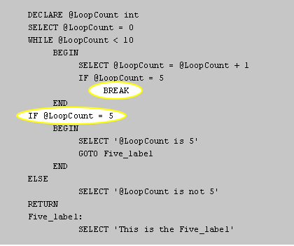 When the BREAK statement is executed, the value of @LoopCount will be tested again. Note that no BEGIN ... END construct is needed around the BREAK statement because it is a single statement