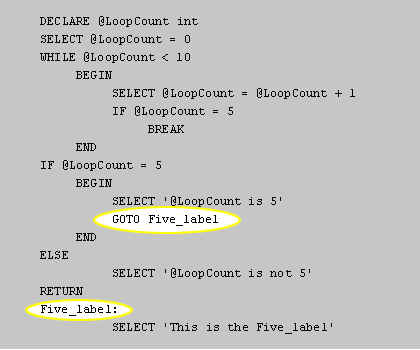 SQL Server is instructed to jump immediately to the label Five_label.