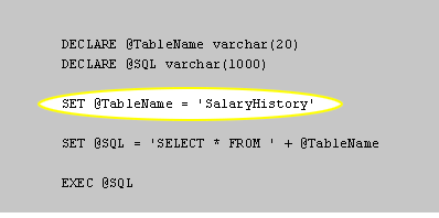 After @TableName is assigned the value of SalaryHistory, the Transact-SQL statement is built dynamically.
