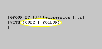 CUBE|ROLLUP specifies that additional summary rows are returned with the result. This is covered in more detail in the third course in this series because it relates to on-line Analytical Processing (OLAP).