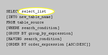 select_list is either a comma separated list of columns or the * wildcard character. Also, an expression or calculation can be in the select list, such as ItemQty * 5. Additionally, a string literal or constant expression can be in the select list.