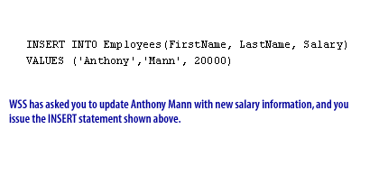 SS has asked you to update Anthony Mann with new salary information, and you issue the <tt>INSERT</tt> statement shown above