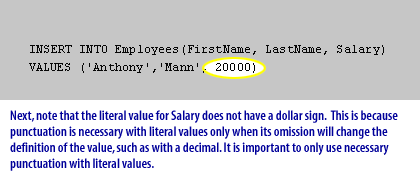 Next, note that the literal value for Salary does not have a dollar sign. This is because punctuation is necessary with literal values only when its omission will change the definition of the value, such as with a decimal. It is important to only use necessary punctuation with literal values.