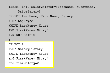 The second section of code is the actual subquery which is within the NOT EXISTS clause. This clause is used to test for the existence of something.