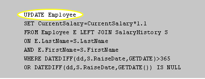 Line 1 indicates which table is going to be updated by the statement. In this case, Employee will be updated.