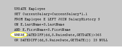 The WHERE clause limits the number of records that are updated in the Employee table. 