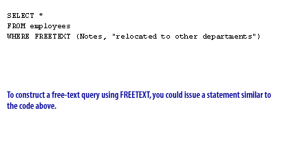 2) To construct a free-text query using FREETEXT, you could issue a statement similar to the code above.