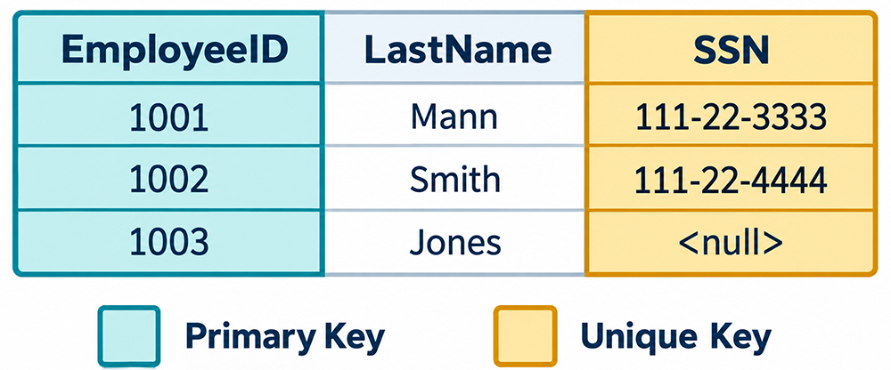 Table consisting of 1) EmployeeID, 2) LastName and 3) SSN