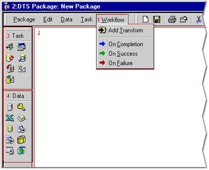 The WorkFlow menu allows you to define a transformation from one or more data sources to a destination