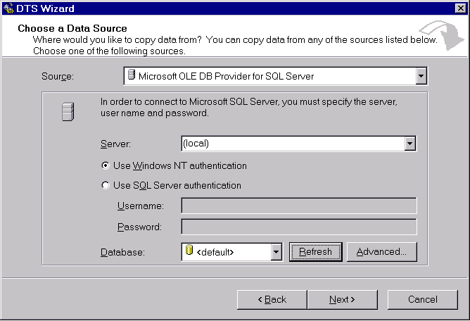 After viewing the initial startup screen, you go to the DTS Wizard Choose a Data Source Screen. 
This screen allows you to select a data source. Depending on the data source you choose, you will have different source options.