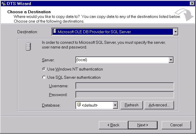 This is the Data Destination Screen. You can select any data destination that your computer is configured to talk to. For each data destination type you can enter all of the information needed to connect to it.