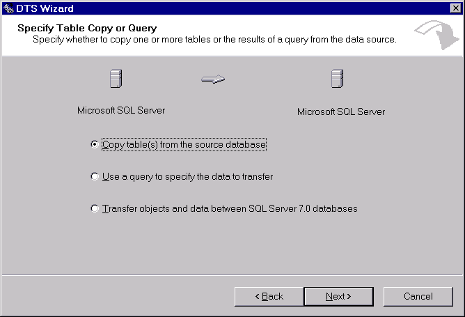 The next step in transforming data is to specify if you are going to copy a table, use a query, or move data between SQL Servers. When copying data you can copy the tables, recreating tables on the destination server.