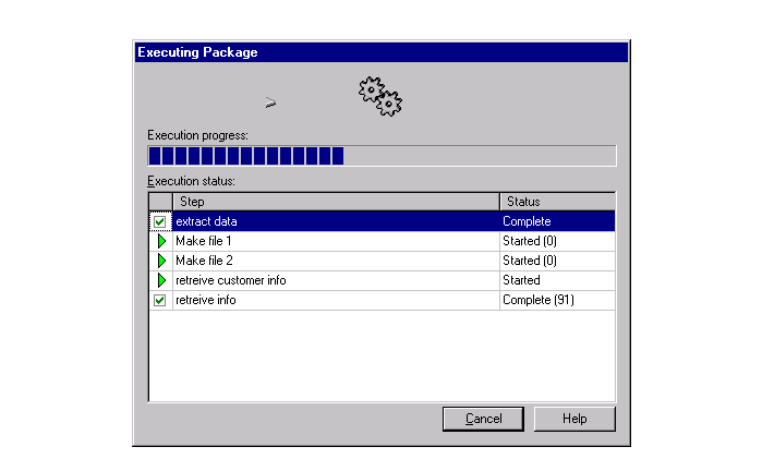 The executing package screen shows the status of each step in the package as it executes
