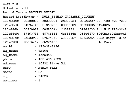 With the display option 3, SQL Server returns a memory dump of the pages containing the object, separated into records.