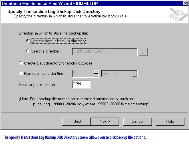 8) The Specify Transaction Log Backup Disk Directory screen allows you to pick backup file options.