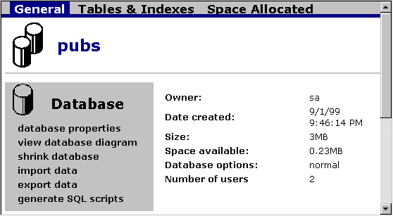 Database General Tables and Indexes - Space Allocated