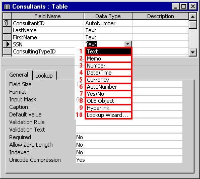 Types of numbers which can be used with each Field Length entry