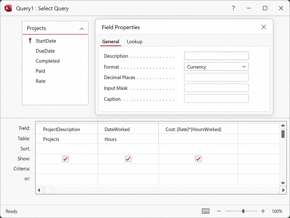Field Properties dialog in Access 365 showing Description, Format, Input Mask, and Caption fields on the General tab