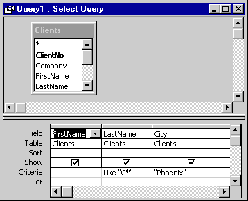 Query Design showing AND operator with LastName and City criteria on same row