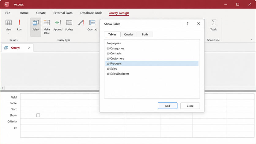 Microsoft Access 365 Show Table dialog box over the Query Design window