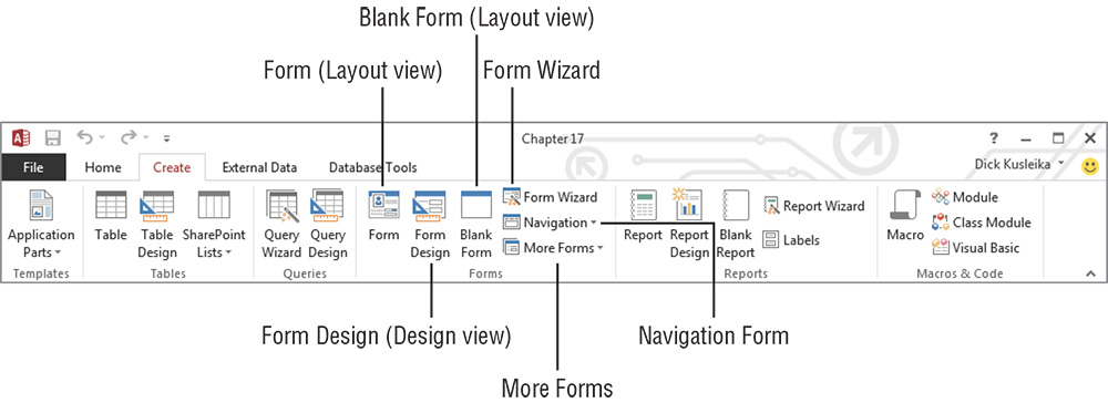 Use the Forms group on the Create tab of the Ribbon to add new forms to your database.