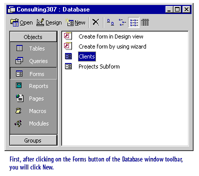 1) First, after clicking on the Forms button of the Databse window toolbox
