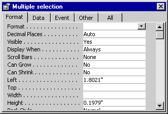 Property sheet displaying Multiple selection at the top