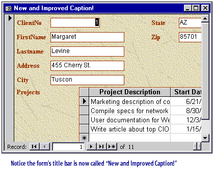 4) Notice the form's title bar is now called New and Improved Caption